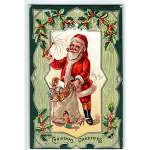Santa Claus Christmas Postcard Saint Nick Holding Whip &Toys Nash Unused Vintage